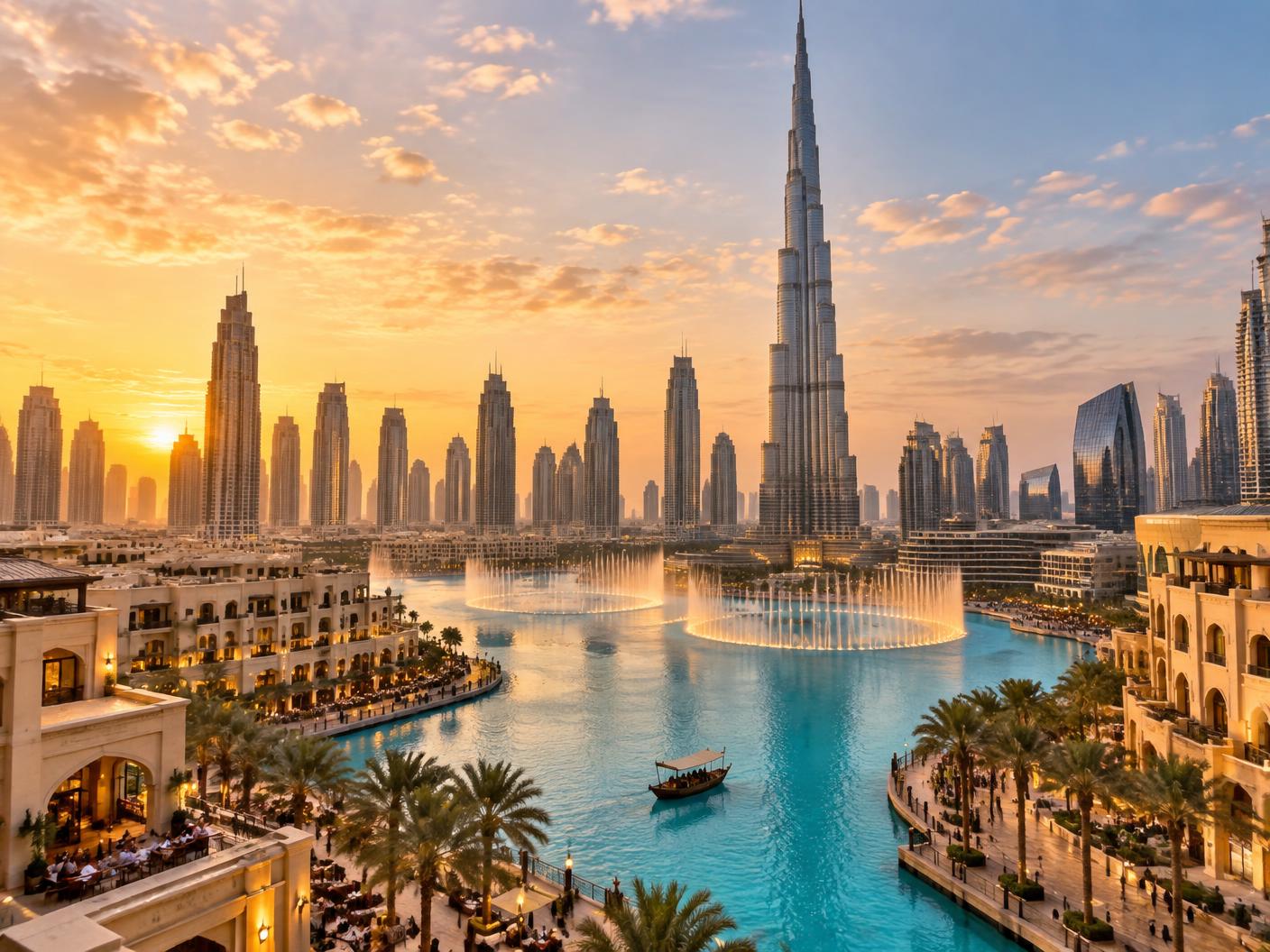 Dubai skyline and fountain at sunset