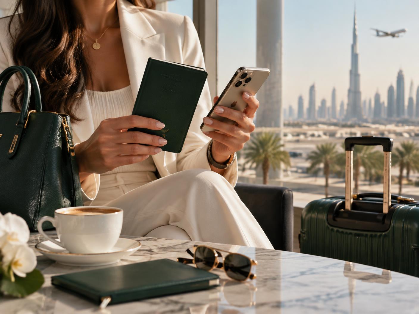 Traveller using a phone and passport in a Dubai airport lounge