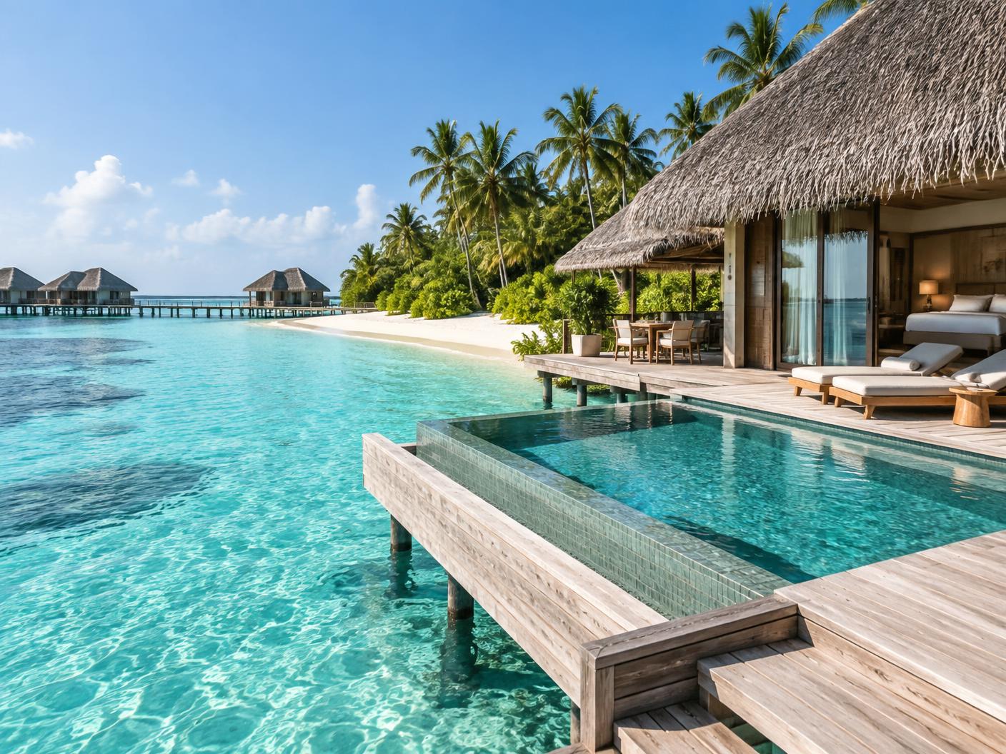 Overwater villa and turquoise lagoon in the Maldives